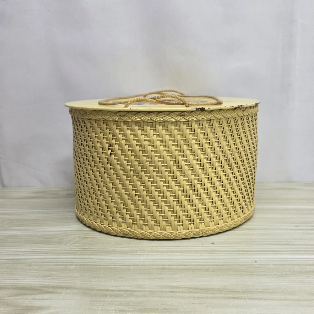 Vintage Soft Yellow Wicker Sewing Basket